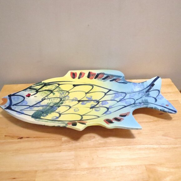 Ceramic Centerpiece Bowl Fish Handmade Signed Wall Plaque Hanging 19" x 10.7" - Picture 1 of 6